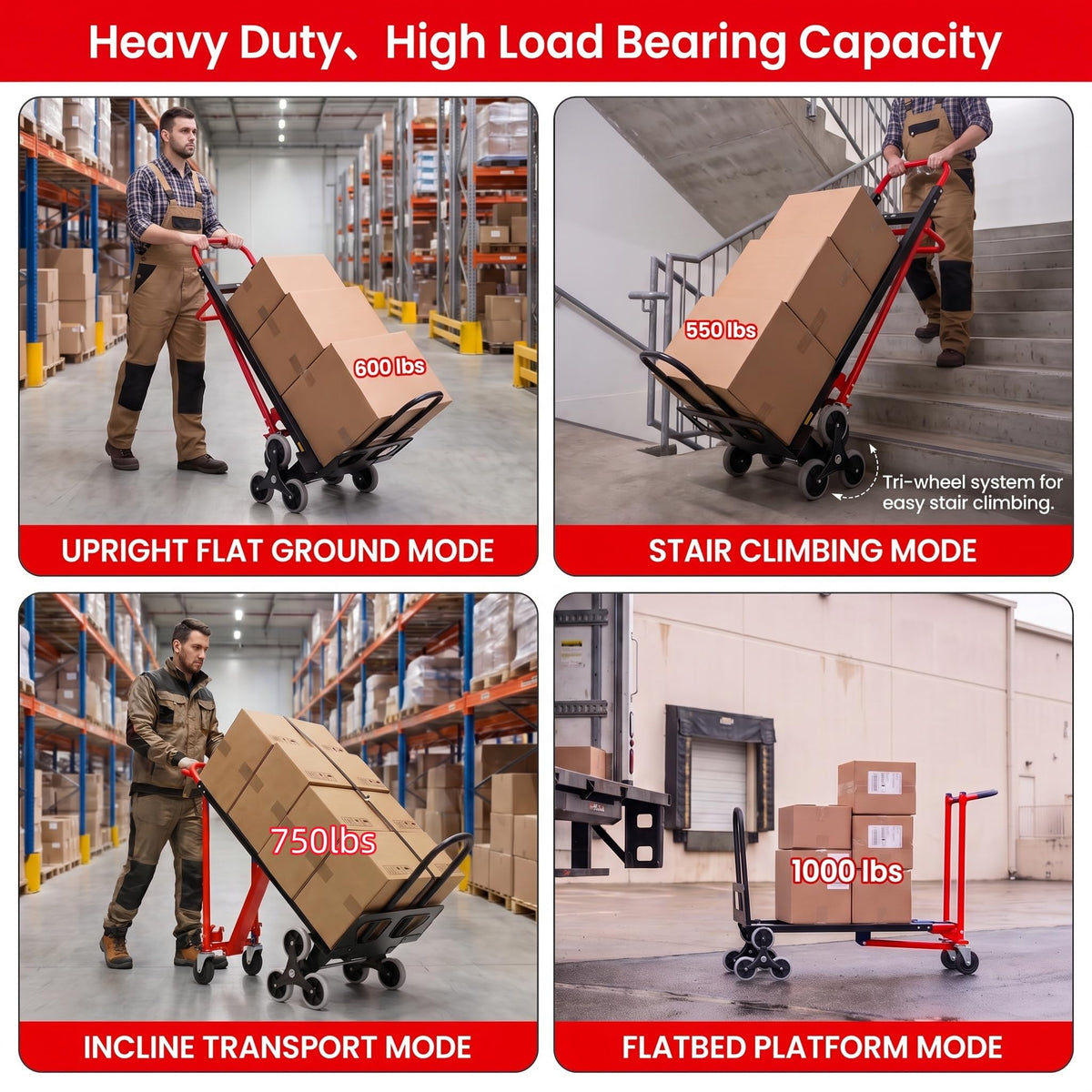 Heavy Duty 1000LBS Stair Climbing Convertible Hand Truck Cart with Solid Wheels F665721