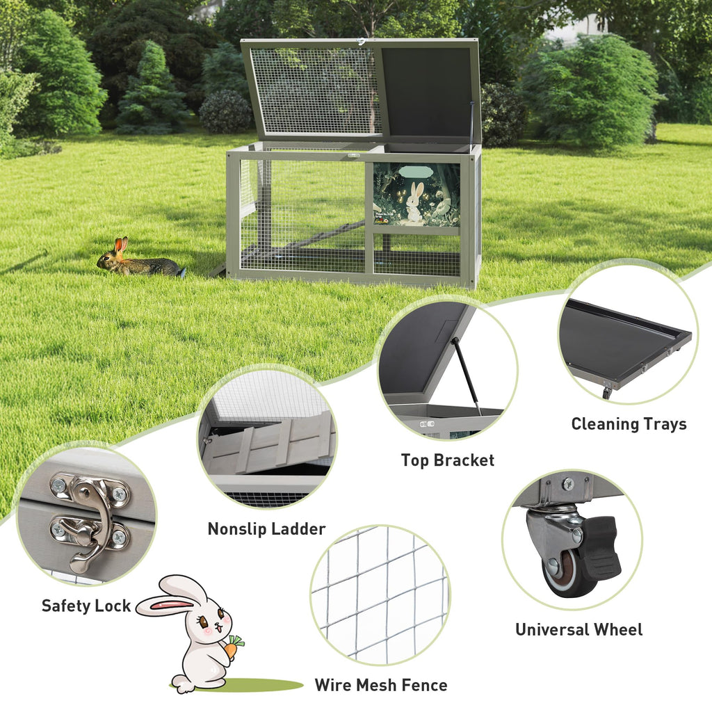 36.5" Two-Level Wooden Rabbit Hutch with Casters & Ramp C989985