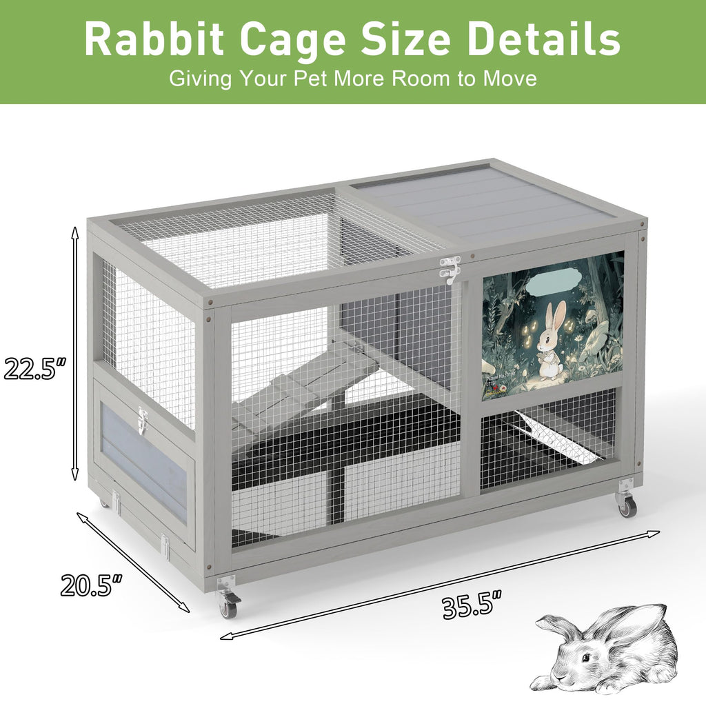 36.5" Two-Level Wooden Rabbit Hutch with Casters & Ramp C989985