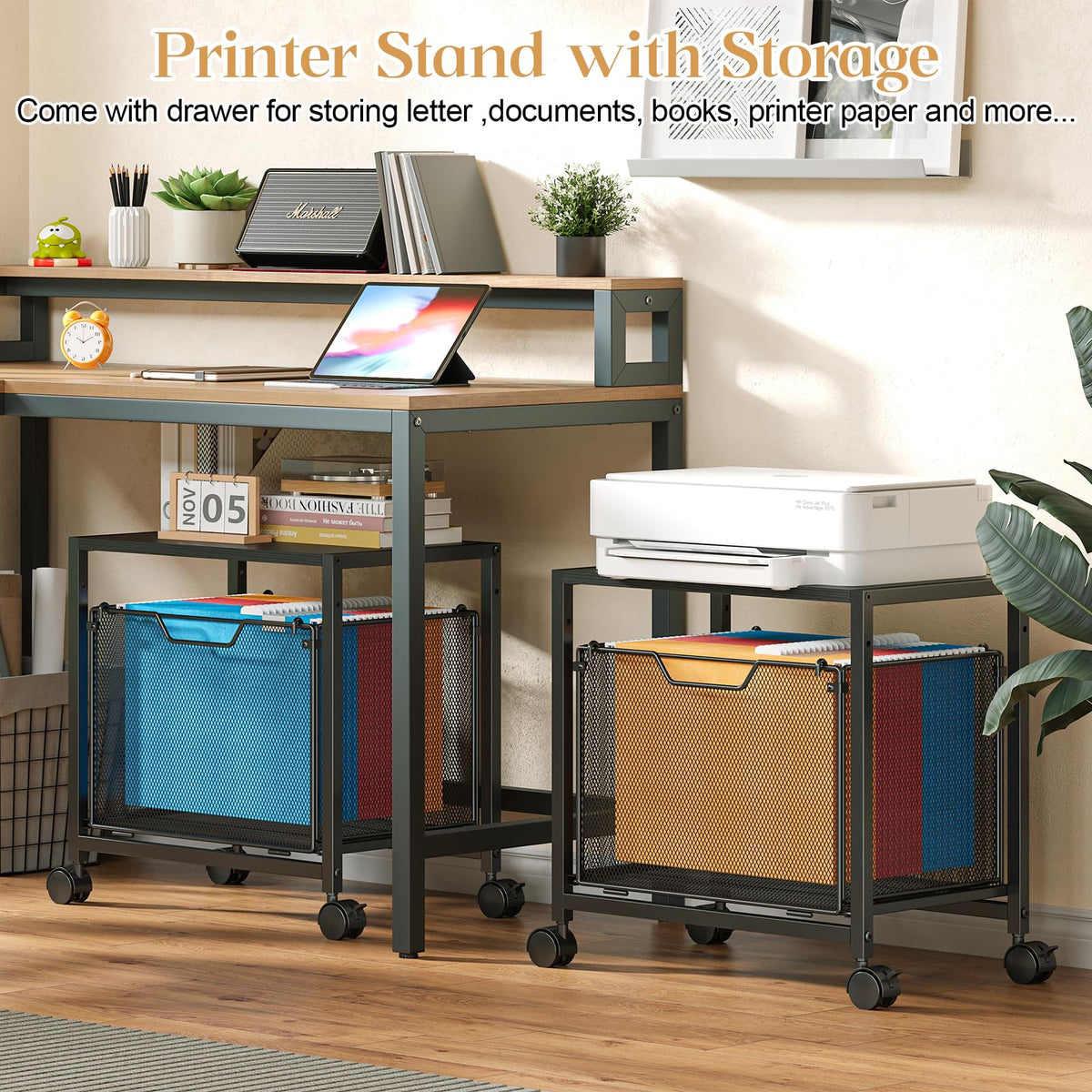 Black Rolling Printer Stand with Drawer E692
