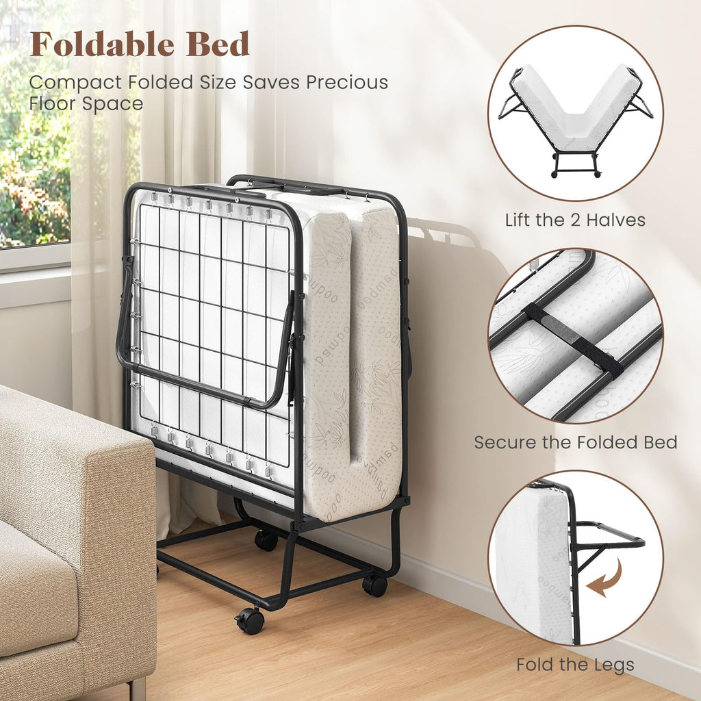 Folding Bed with Mattress, Cot Size Gel Memory Foam Metal Frame T651113