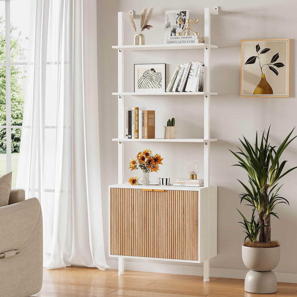 74" Tall White and Oak Bookshelf with Storage Cabinet S4018