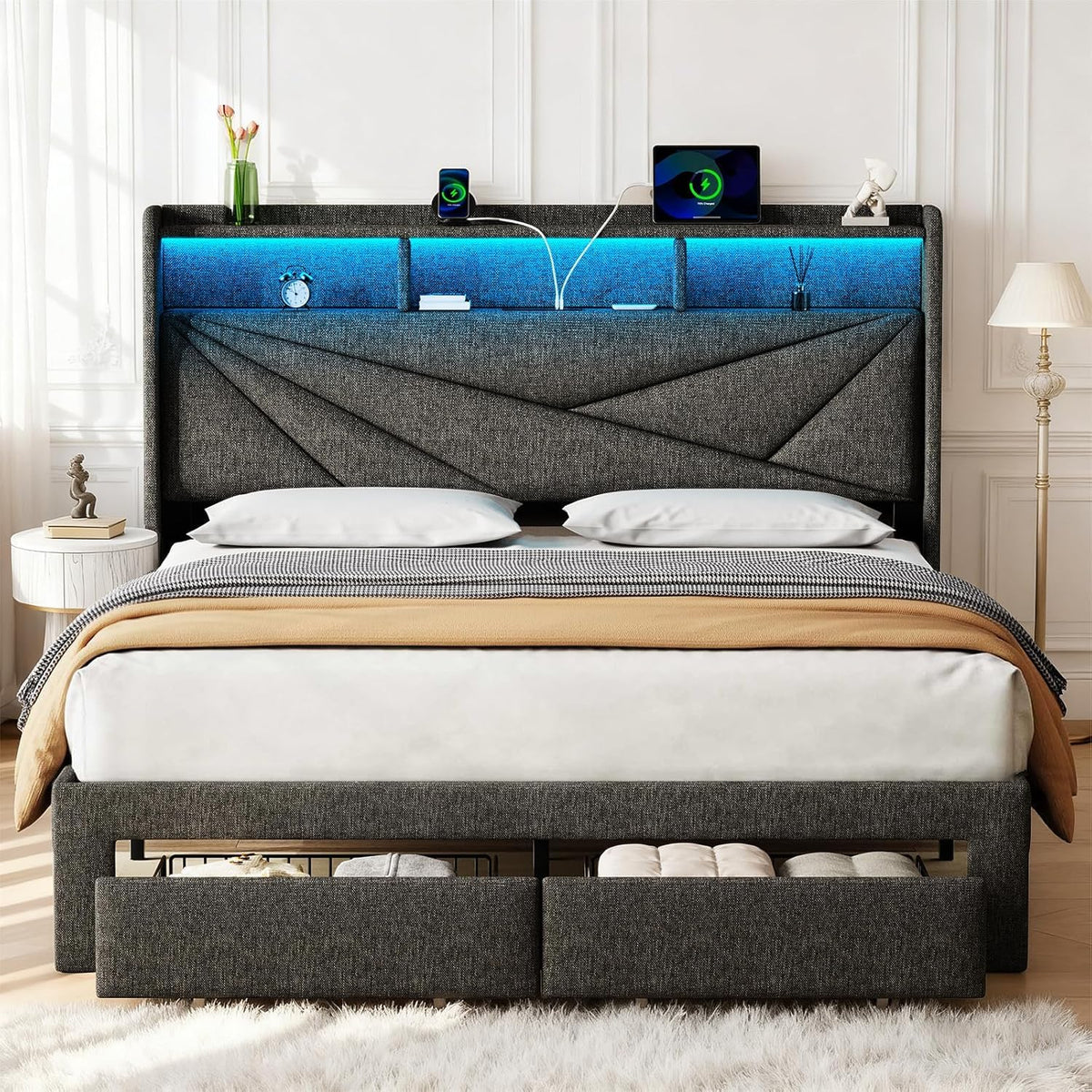 Queen Bed Frame with 2 Storage Drawers and Upholstered Headboard L91099