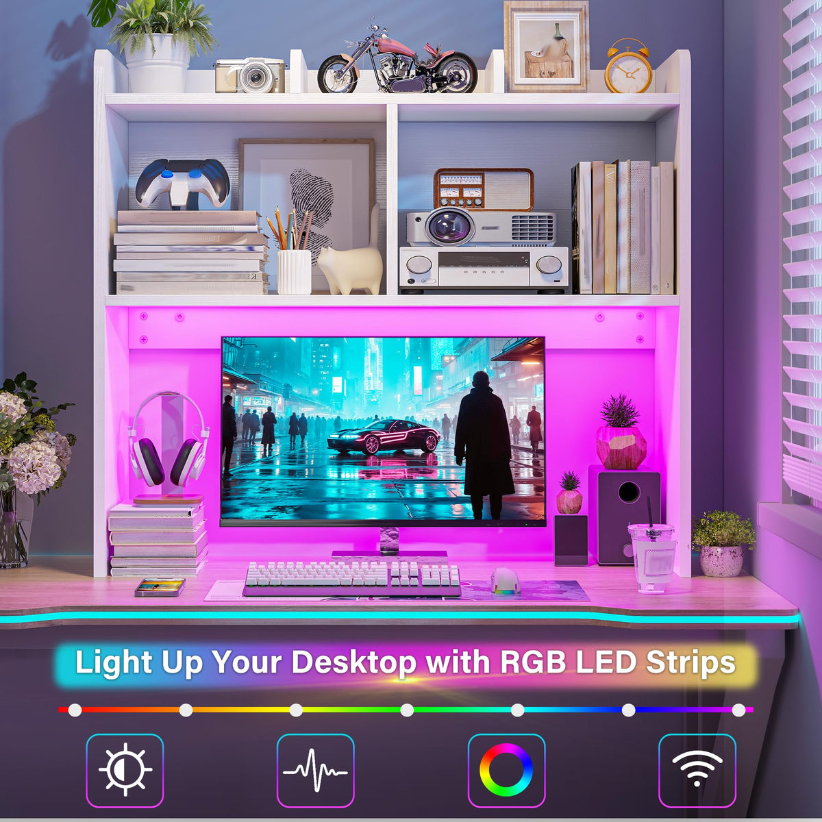 White 3-Tier Desk Hutch with LED Light T400255