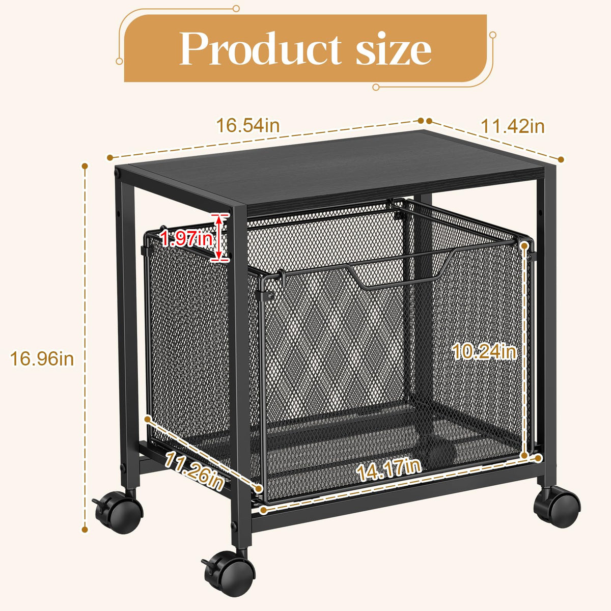 Black Rolling Printer Stand with Drawer E692