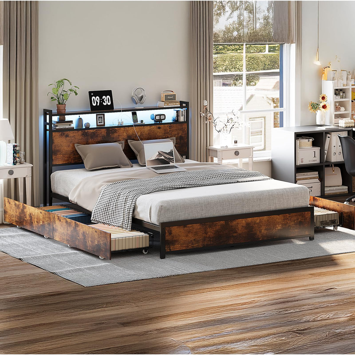 Queen Bed Frame with 4 Storage Drawers and Headboard S379372