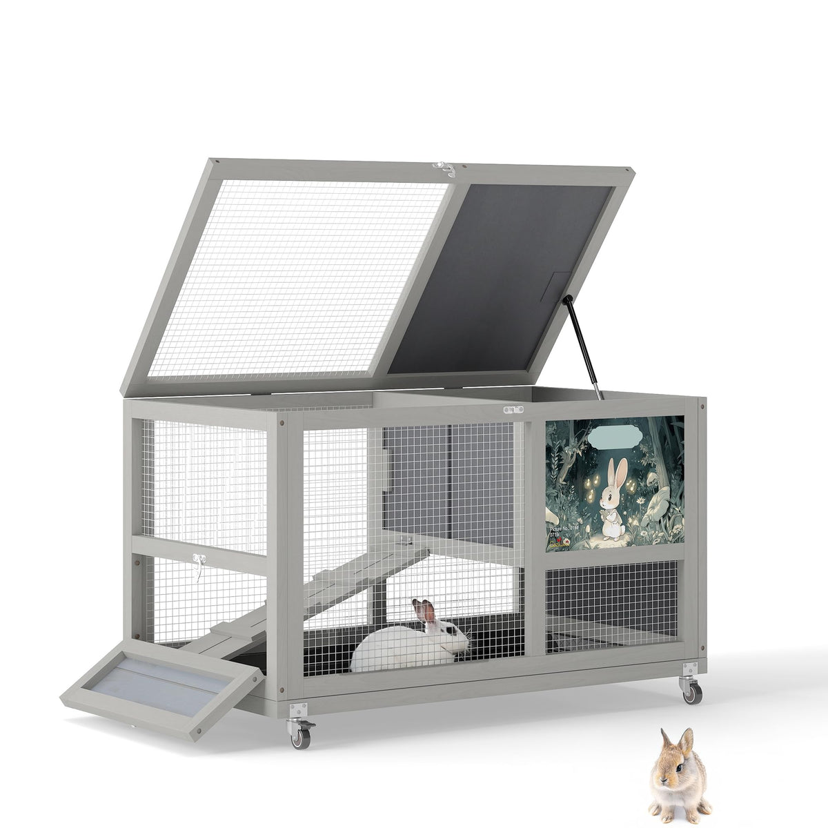 36.5" Two-Level Wooden Rabbit Hutch with Casters & Ramp C989985