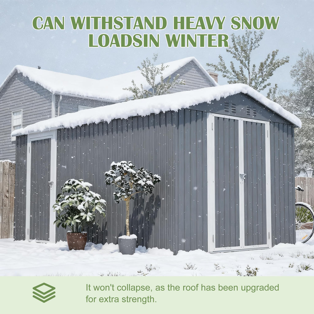 12x8 FT Galvanized Steel Storage Shed with Lockable Doors U17368