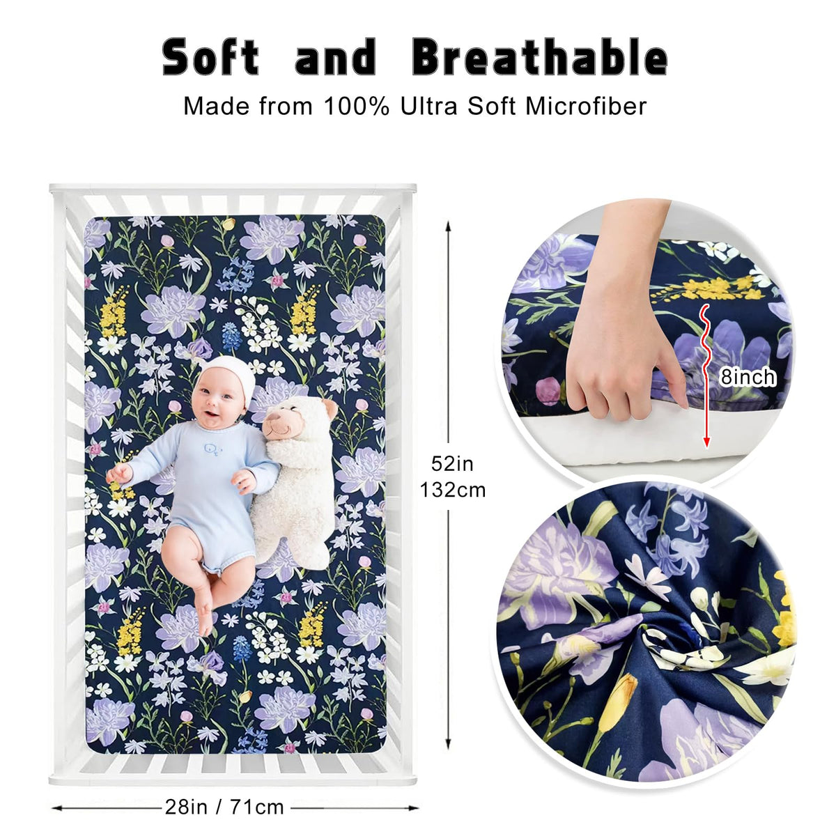 Soft Floral Crib Sheets 3 Pack 28'' X 52'' Fitted Microfiber Violet Z322198