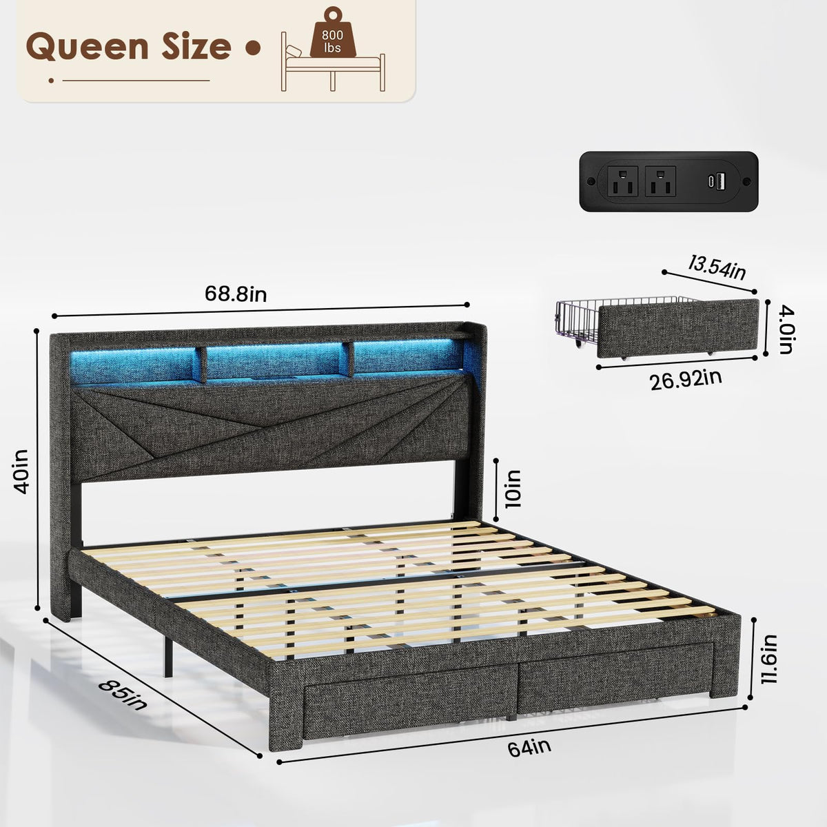 Queen Bed Frame with 2 Storage Drawers and Upholstered Headboard L91099