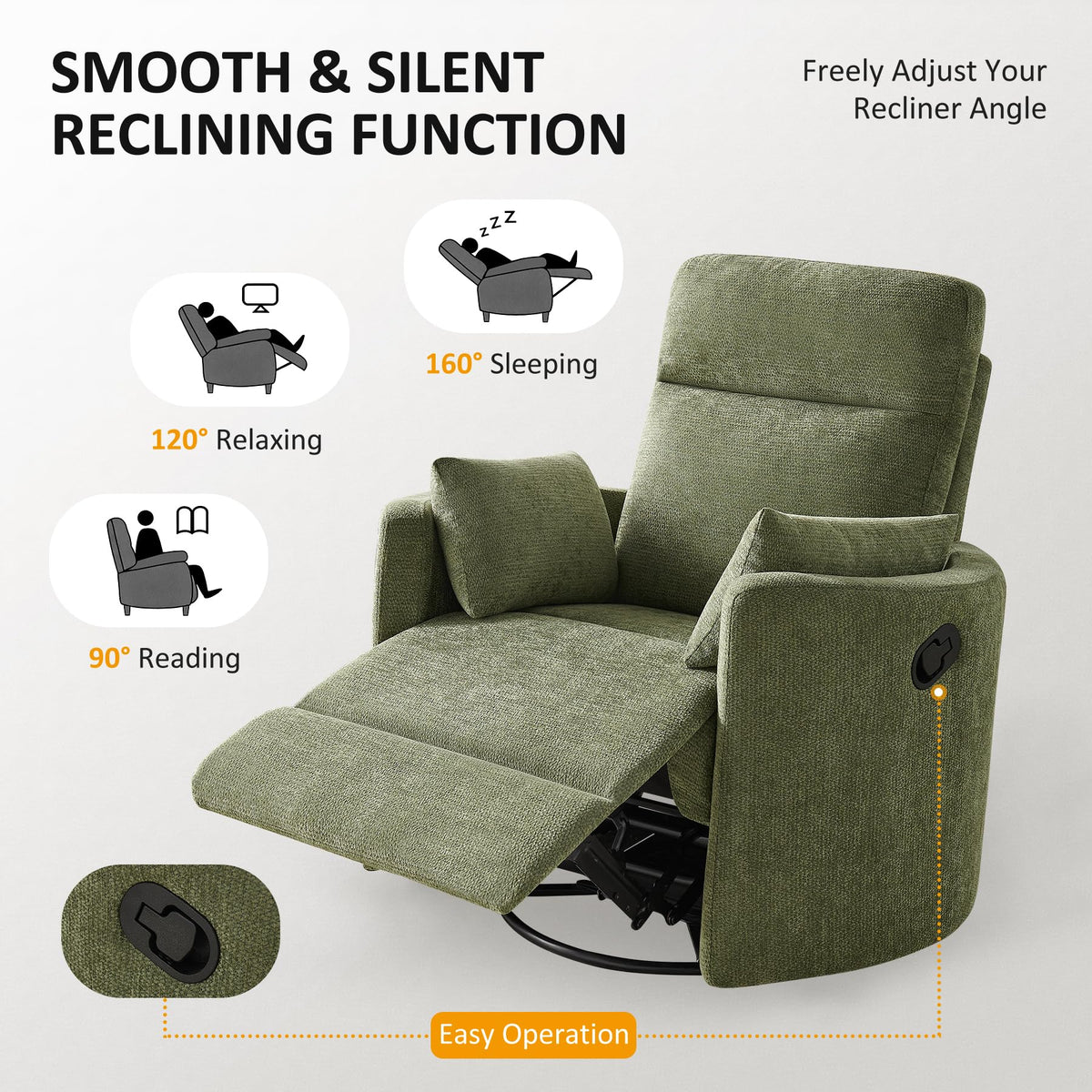 Oversized 360° Swivel Glider Recliner Chair with 2 Pillows and Footrest O1923