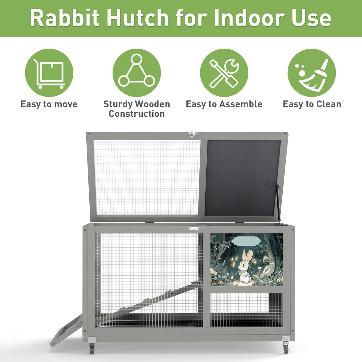 36.5" Two-Level Wooden Rabbit Hutch with Casters & Ramp C989985