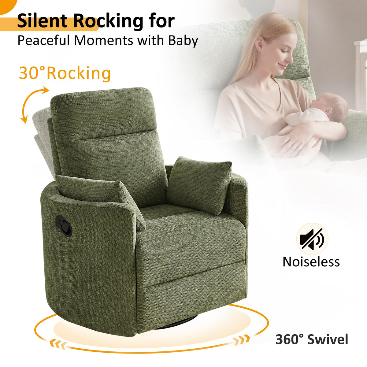 Oversized 360° Swivel Glider Recliner Chair with 2 Pillows and Footrest O1923
