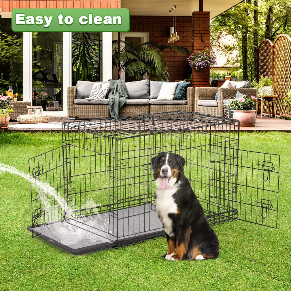 Large Double Door Folding Dog Crate with Divider and Tray B7043