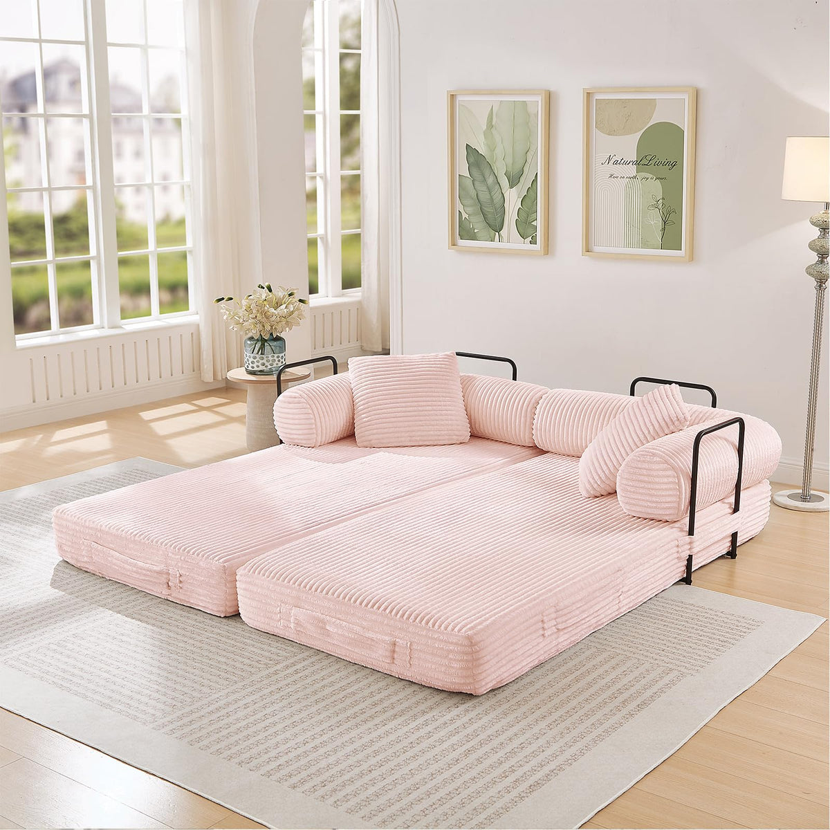 Pink Corduroy Convertible Sleeper Sofa Bed P705590