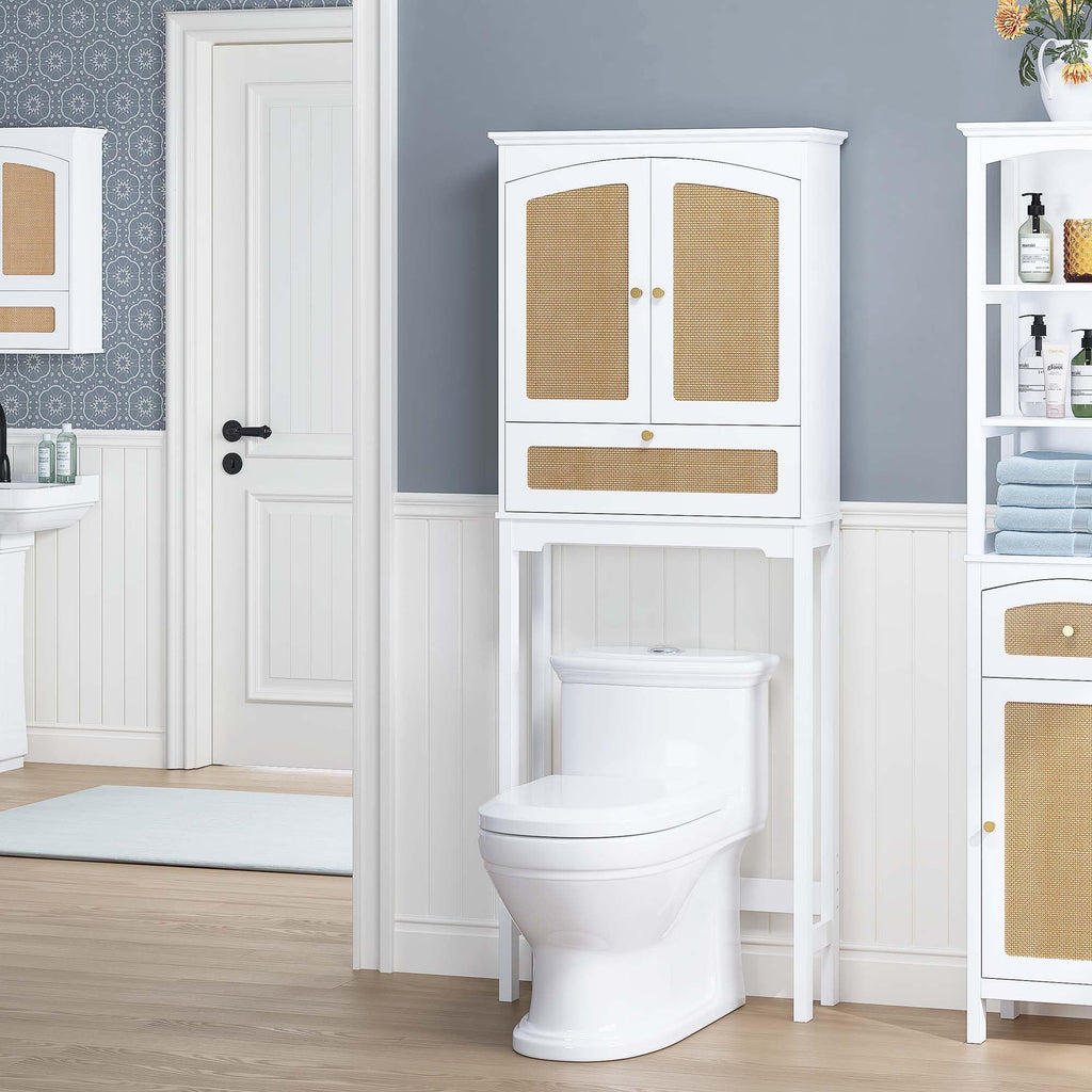 Over the Toilet Storage Cabinet with Arched Rattan Doors, White C88571