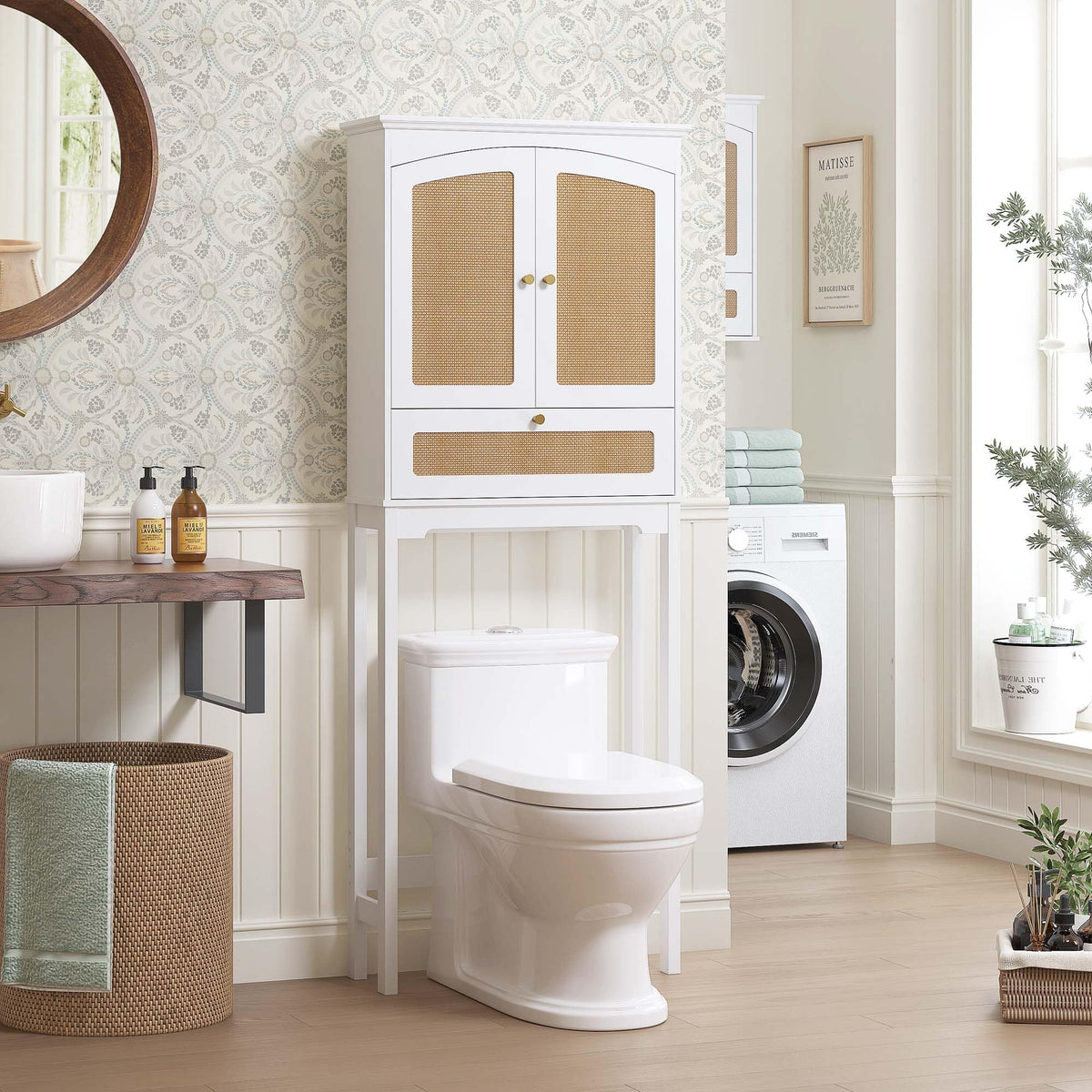 Over the Toilet Storage Cabinet with Arched Rattan Doors, White C88571