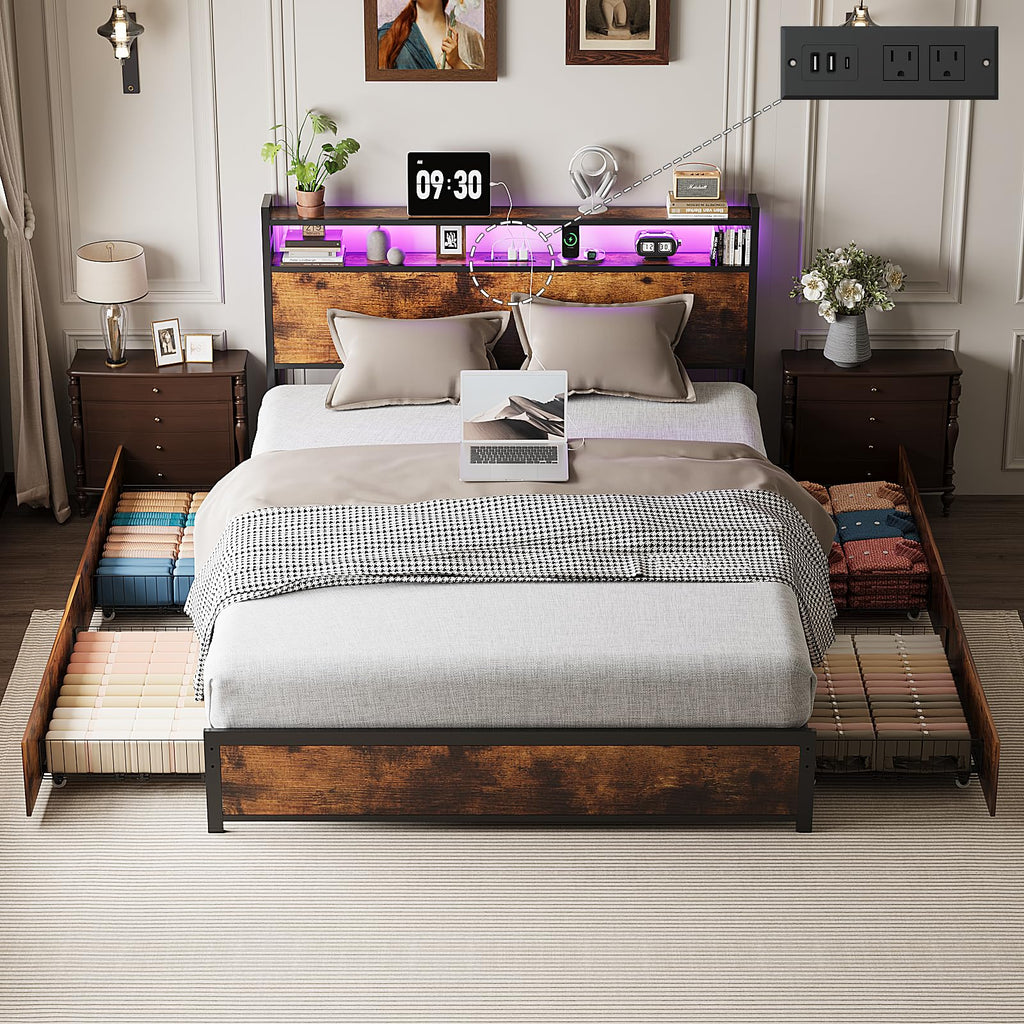 Queen Bed Frame with 4 Storage Drawers and Headboard S379372
