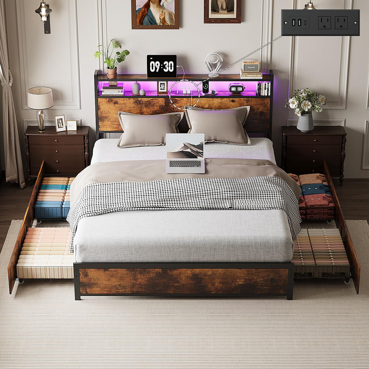 Queen Bed Frame with 4 Storage Drawers and Headboard S379372