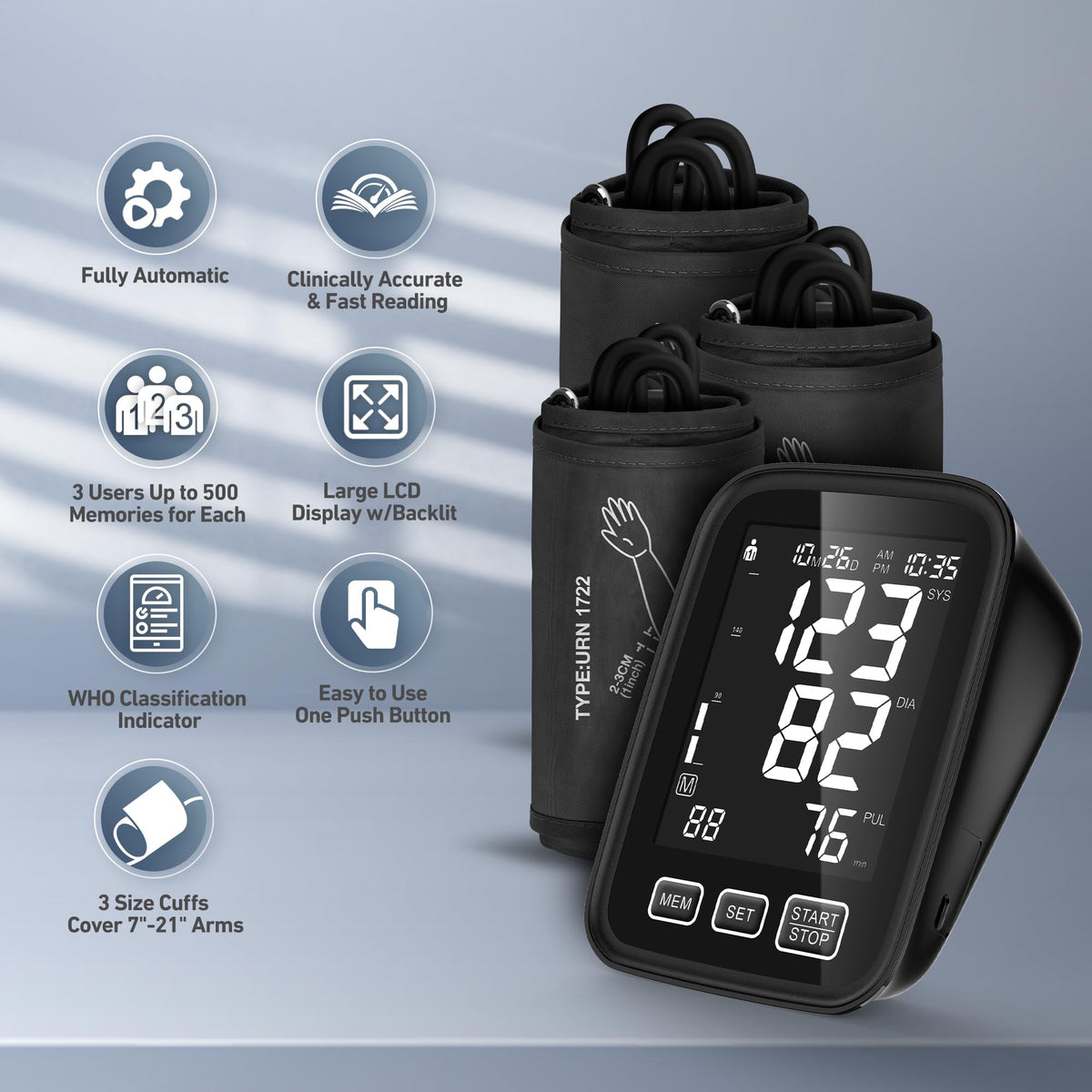 Blood Pressure Machine with 3 Size Cuffs and Backlit Display A756694