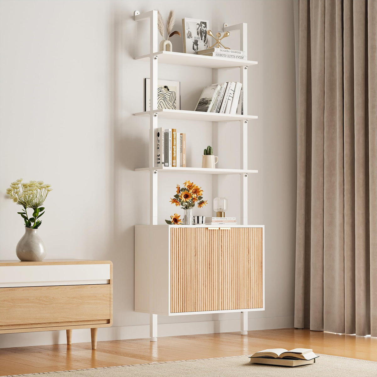 74" Tall White and Oak Bookshelf with Storage Cabinet S4018
