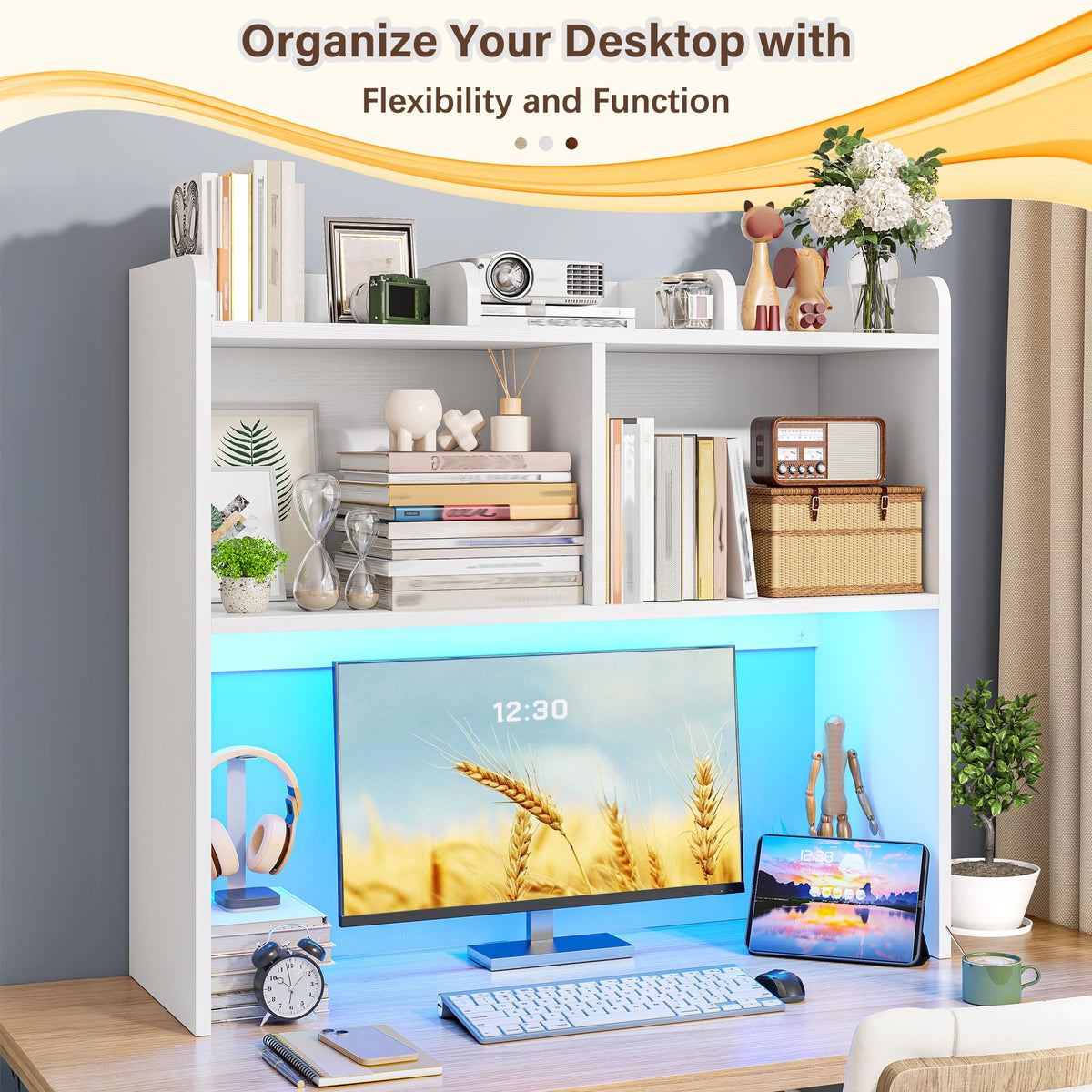 White 3-Tier Desk Hutch with LED Light T400255