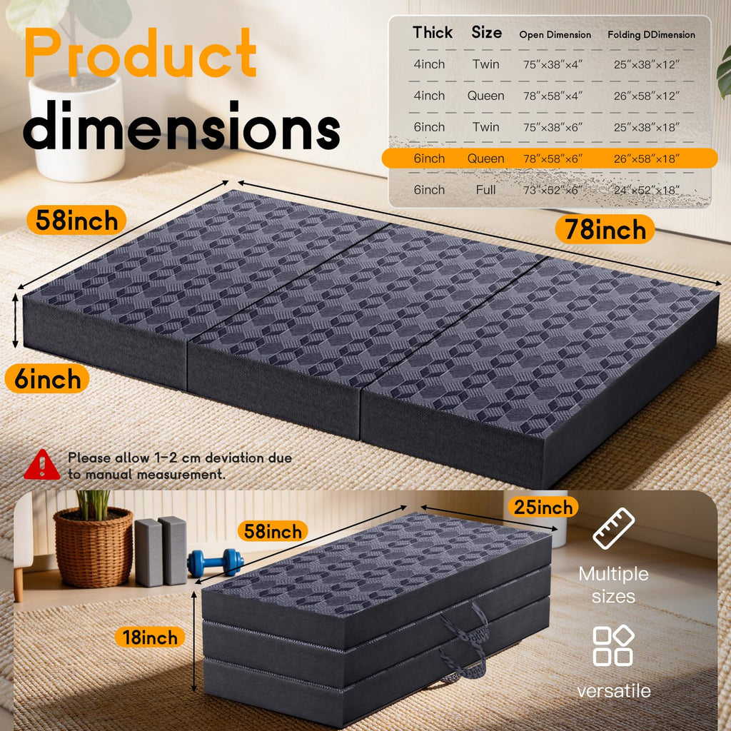 Queen Size 6 Inch Tri-Fold Mattress with Washable Cover Z4892