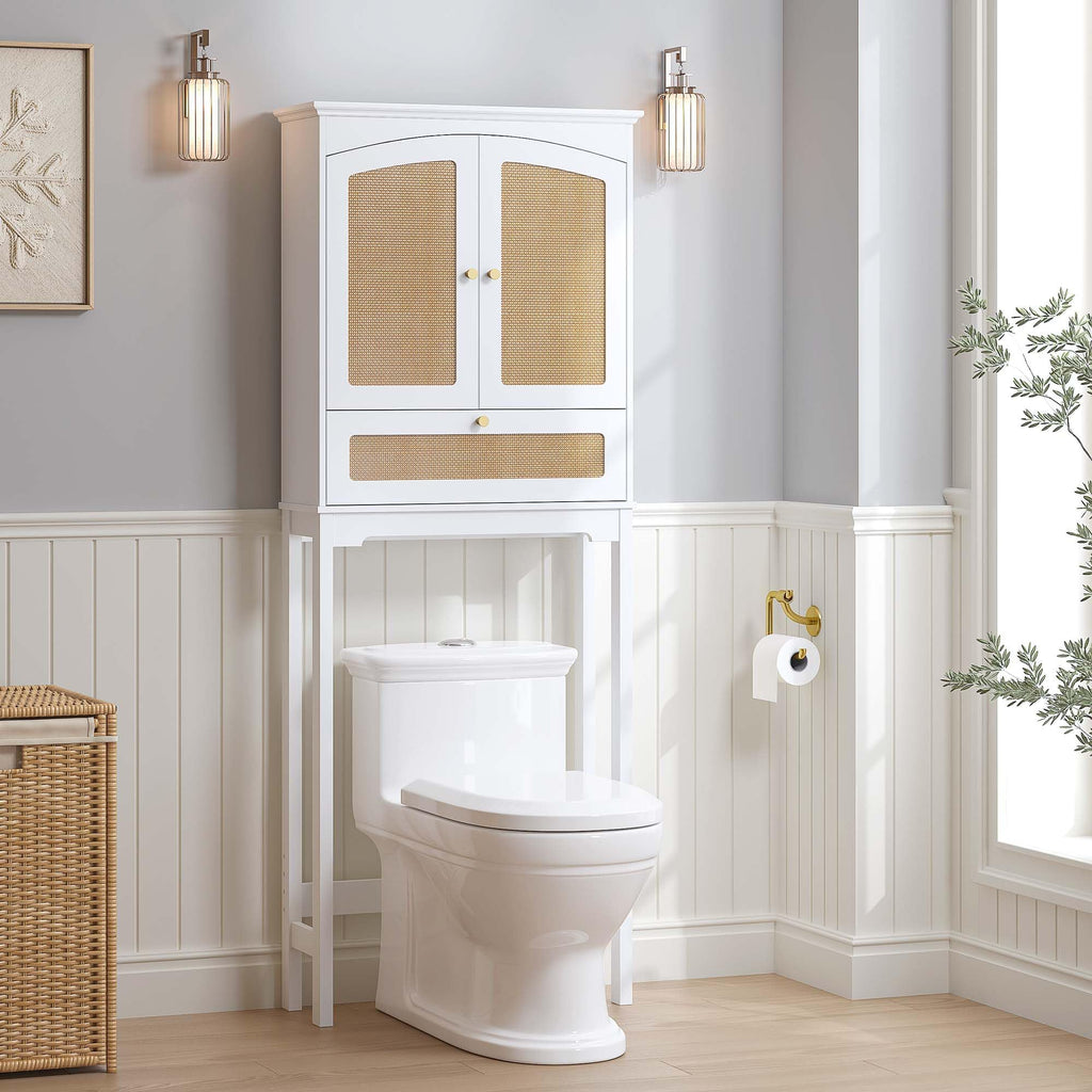 Over the Toilet Storage Cabinet with Arched Rattan Doors, White C88571