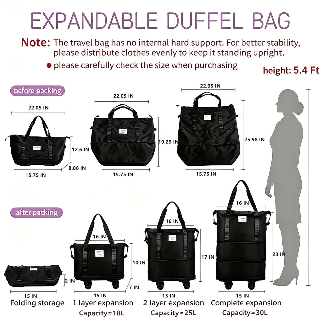 Expandable Rolling Duffle Bag with Wheels, 18L to 30L, Black B6223