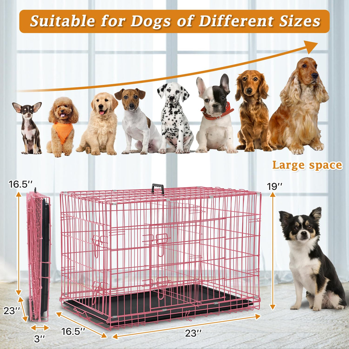 24" Pink Double Door Wire Dog Crate with Divider L316375