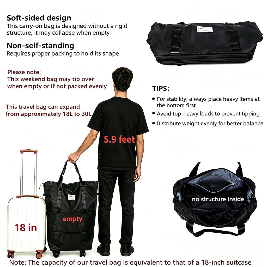 Expandable Rolling Duffle Bag with Wheels, 18L to 30L, Black B6223
