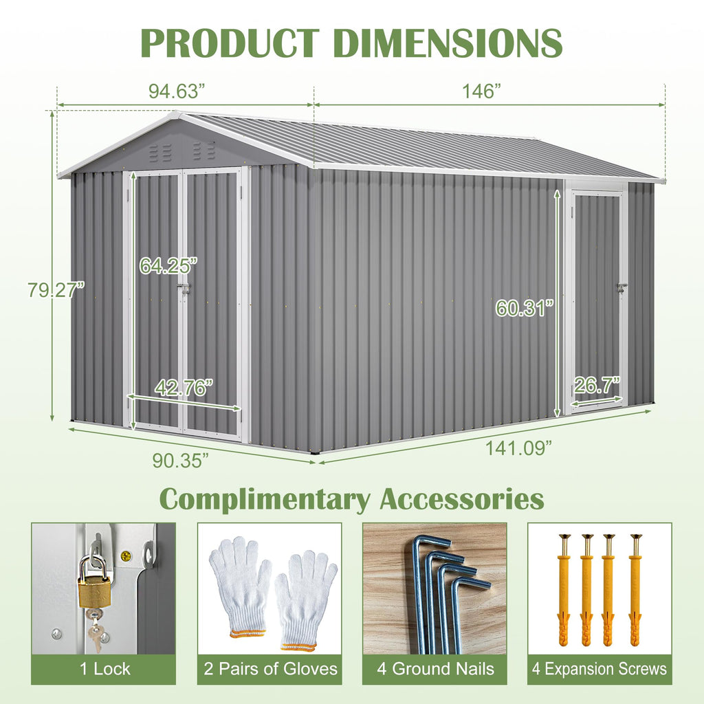 12x8 FT Galvanized Steel Storage Shed with Lockable Doors U17368