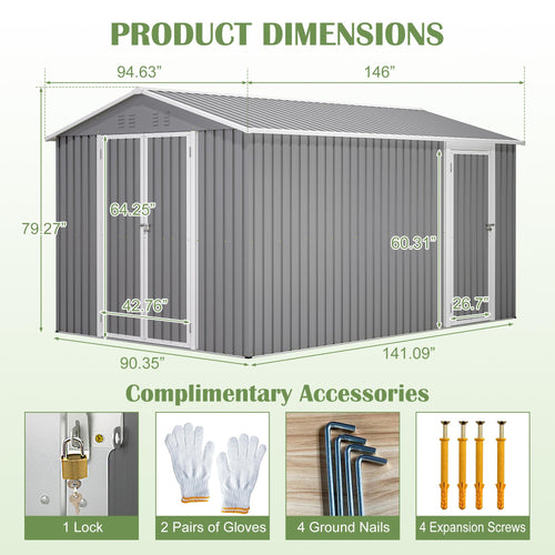 12x8 FT Galvanized Steel Storage Shed with Lockable Doors U17368