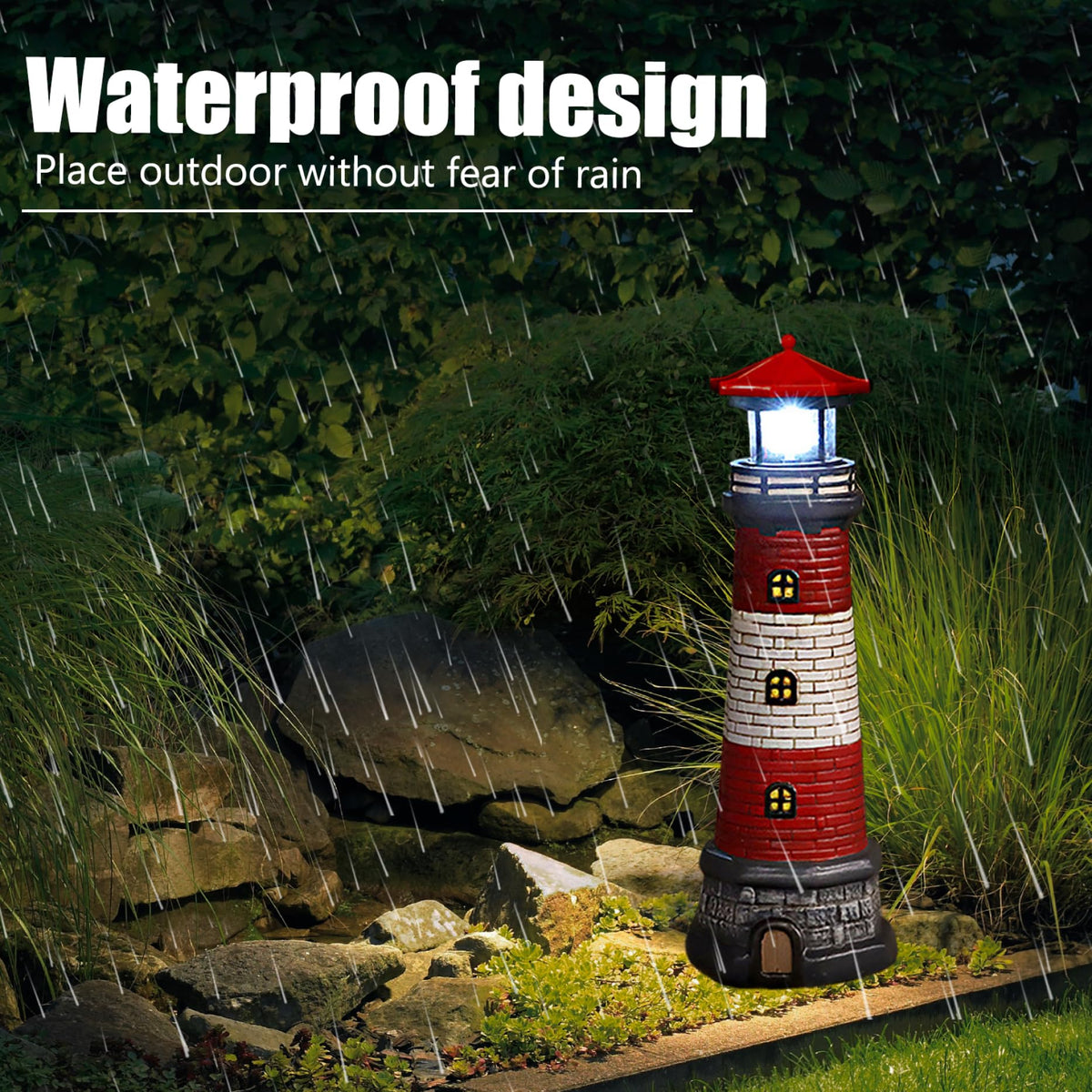 Solar Lighthouse with Rotating LED Lights, 4.7x4.7x14.8 Decorative Garden Statues, Red W272336