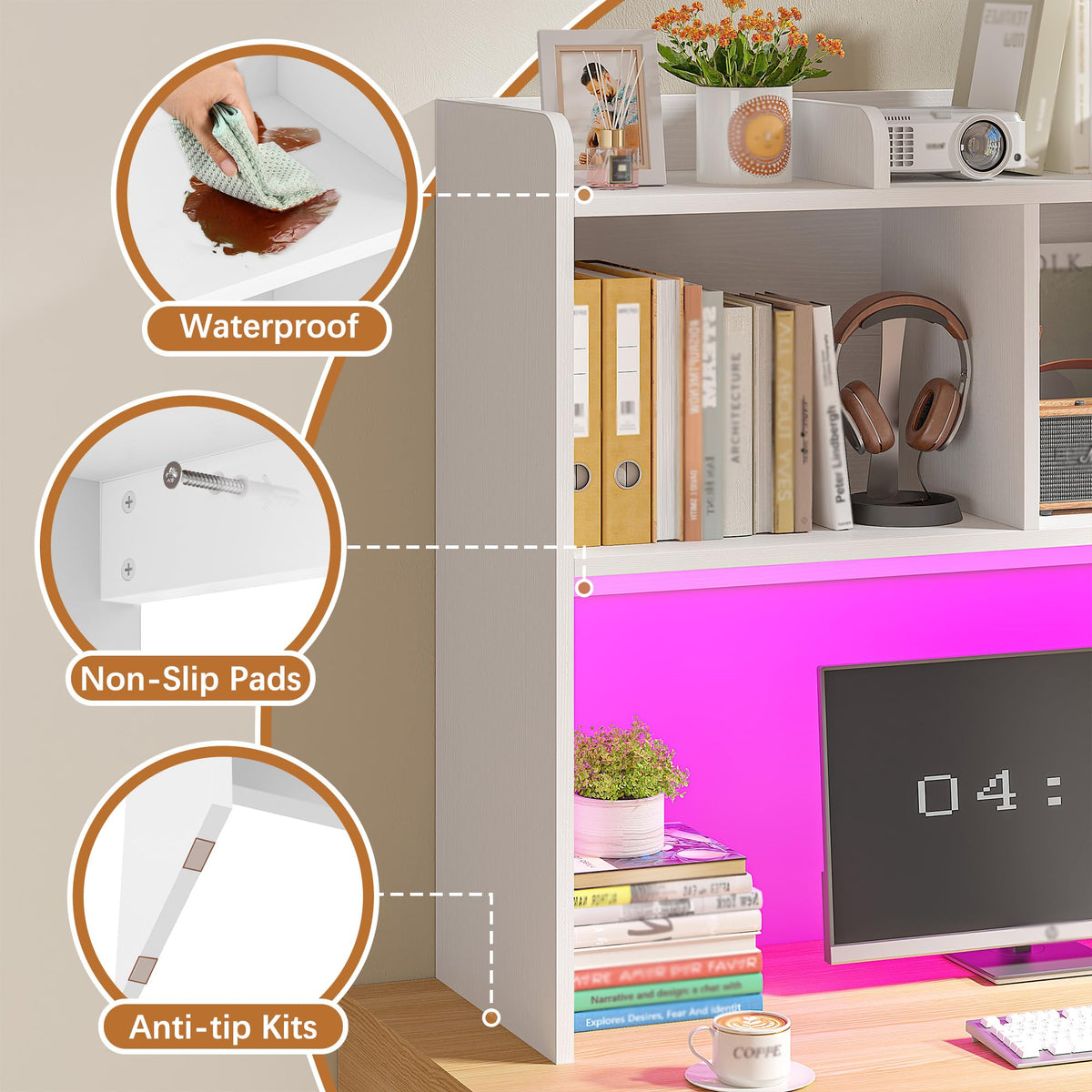 White 3-Tier Desk Hutch with LED Light T400255