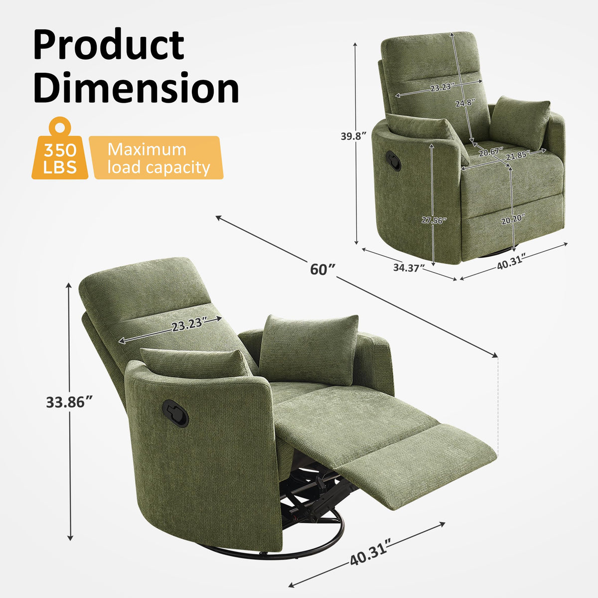 Oversized 360° Swivel Glider Recliner Chair with 2 Pillows and Footrest O1923