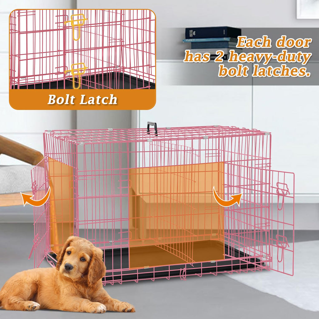 24" Pink Double Door Wire Dog Crate with Divider L316375