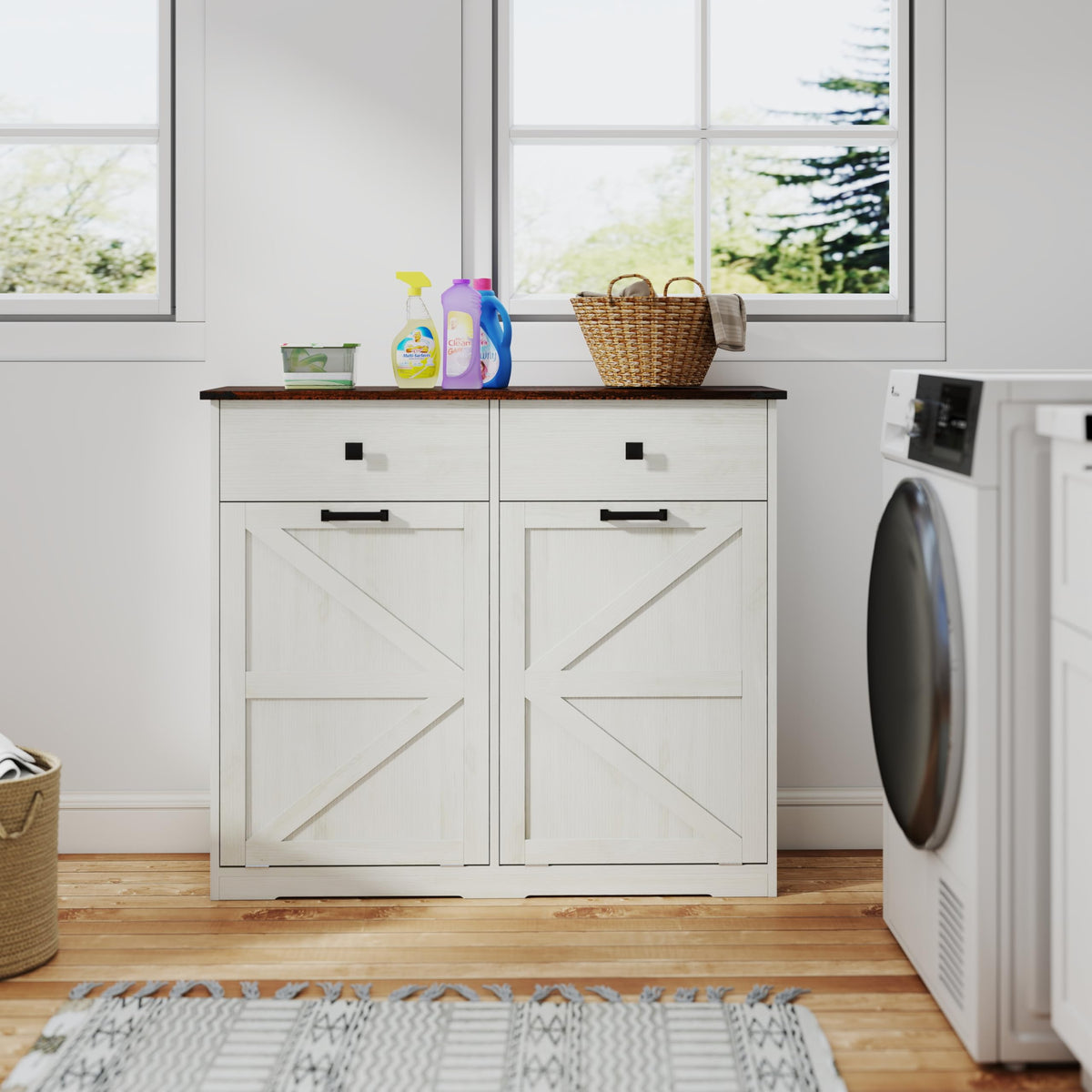 20 Gallon Double Tilt Out Laundry Hamper Cabinet with Drawers I922903