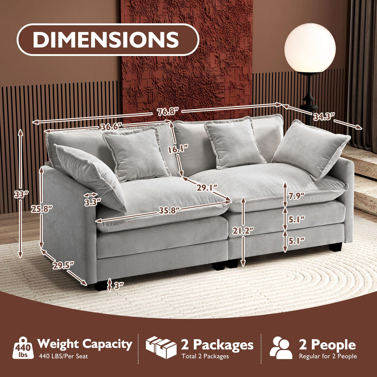 77 Inch Grey Chenille Loveseat B8679