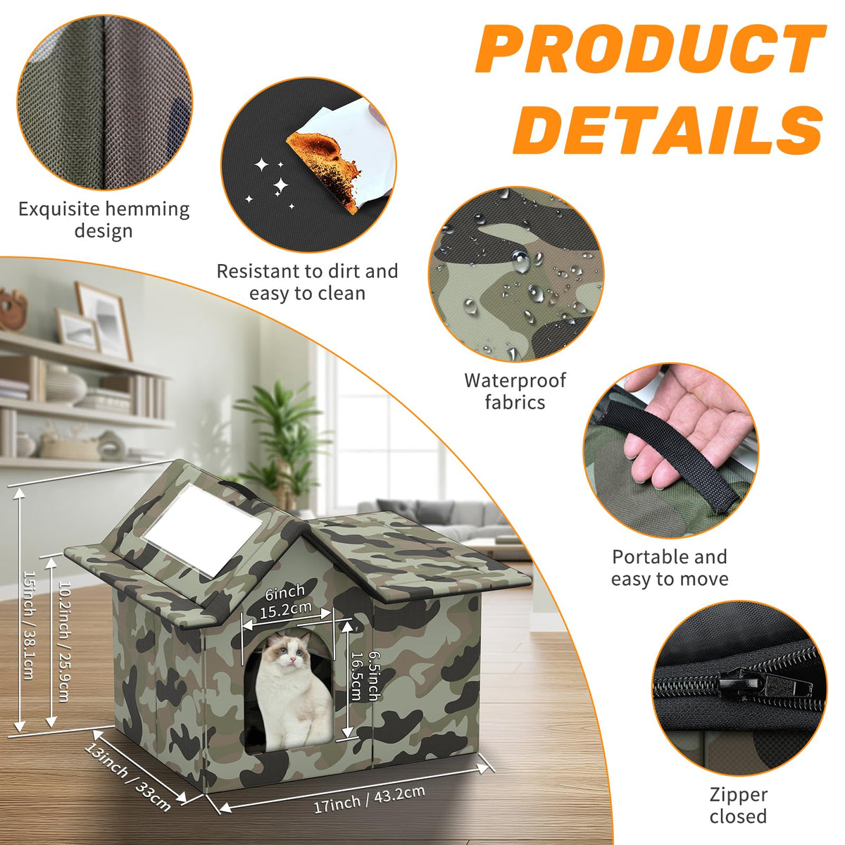 Weatherproof Collapsible Outdoor Cat House with Door and Soft Mat D2954