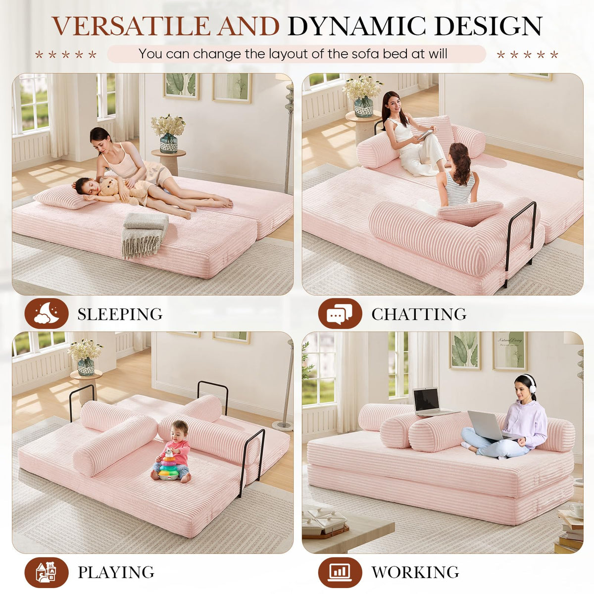 Pink Corduroy Convertible Sleeper Sofa Bed P705590
