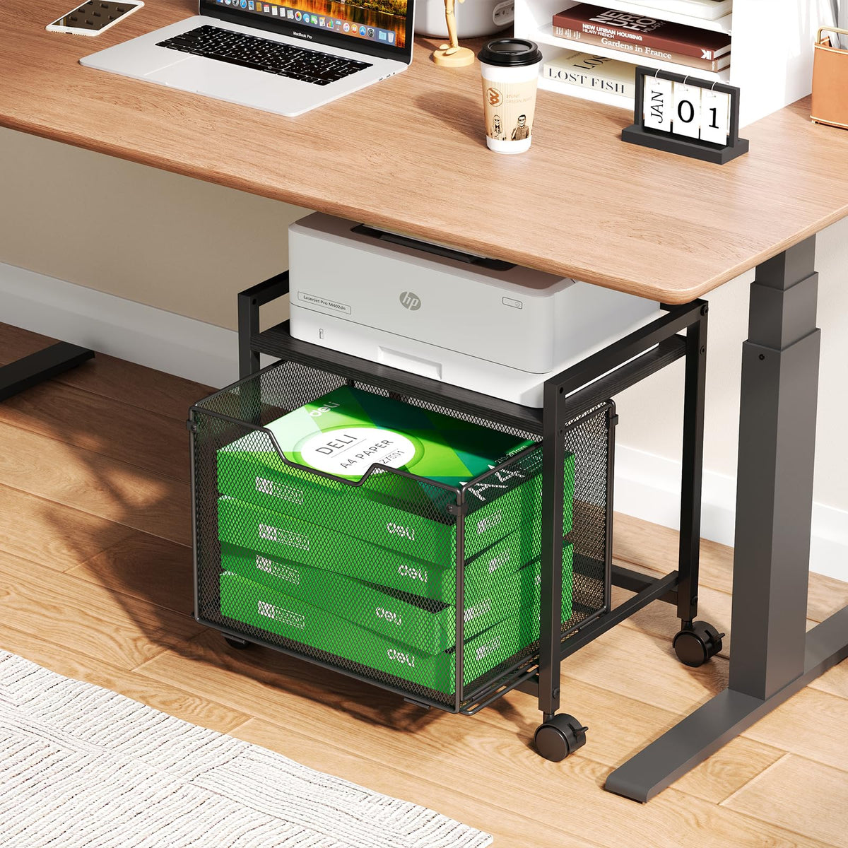 Black Rolling Printer Stand with Drawer E692