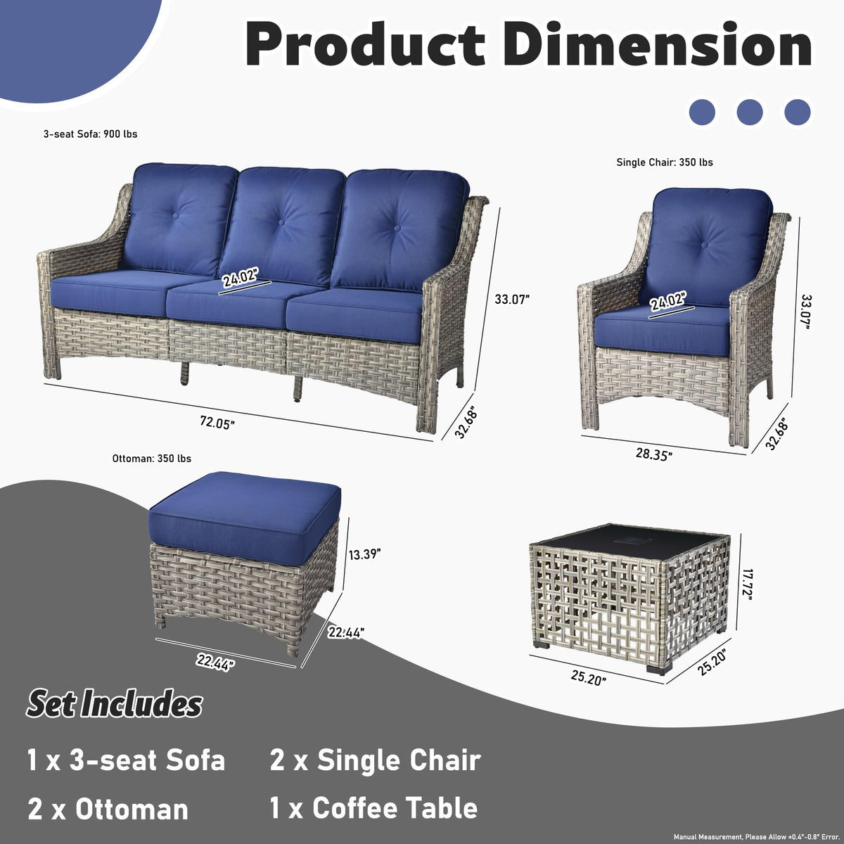 6 Piece Outdoor Patio Furniture with 3 Seat Sofa and Ottoman Z17026