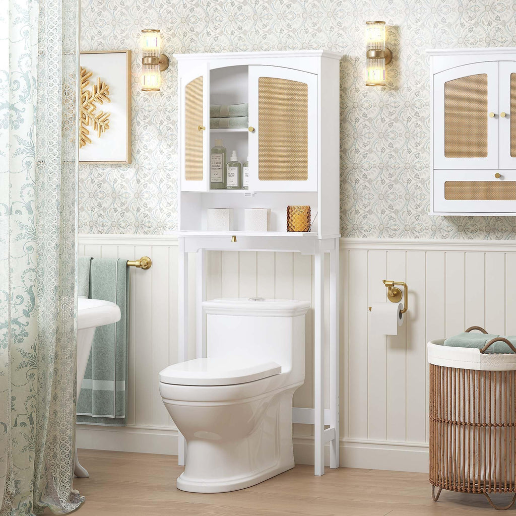 Over the Toilet Storage Cabinet with Arched Rattan Doors, White C88571