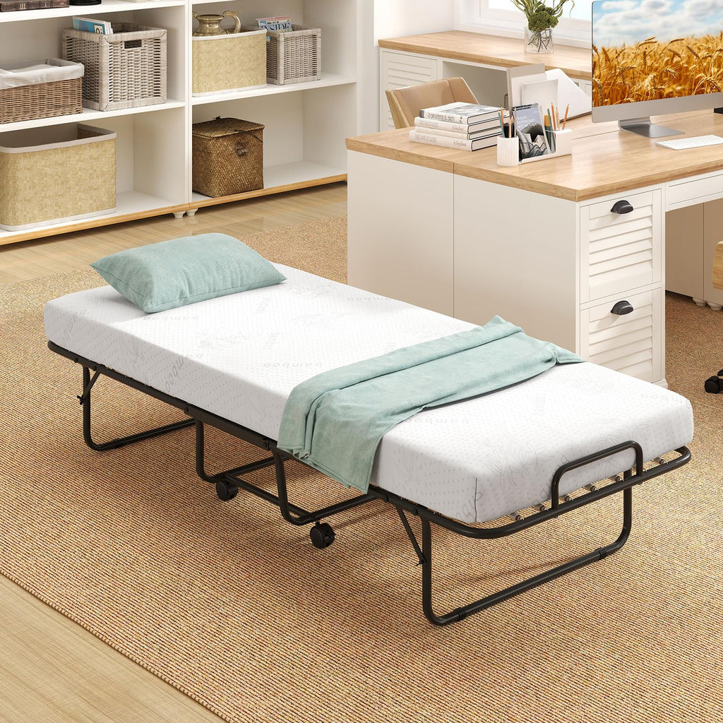 Folding Bed with Mattress, Cot Size Gel Memory Foam Metal Frame T651113