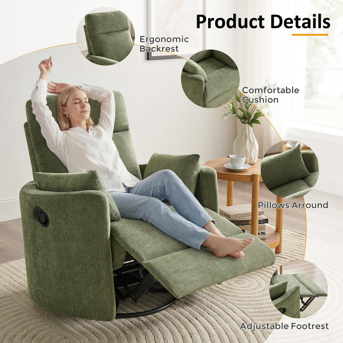 Oversized 360° Swivel Glider Recliner Chair with 2 Pillows and Footrest O1923