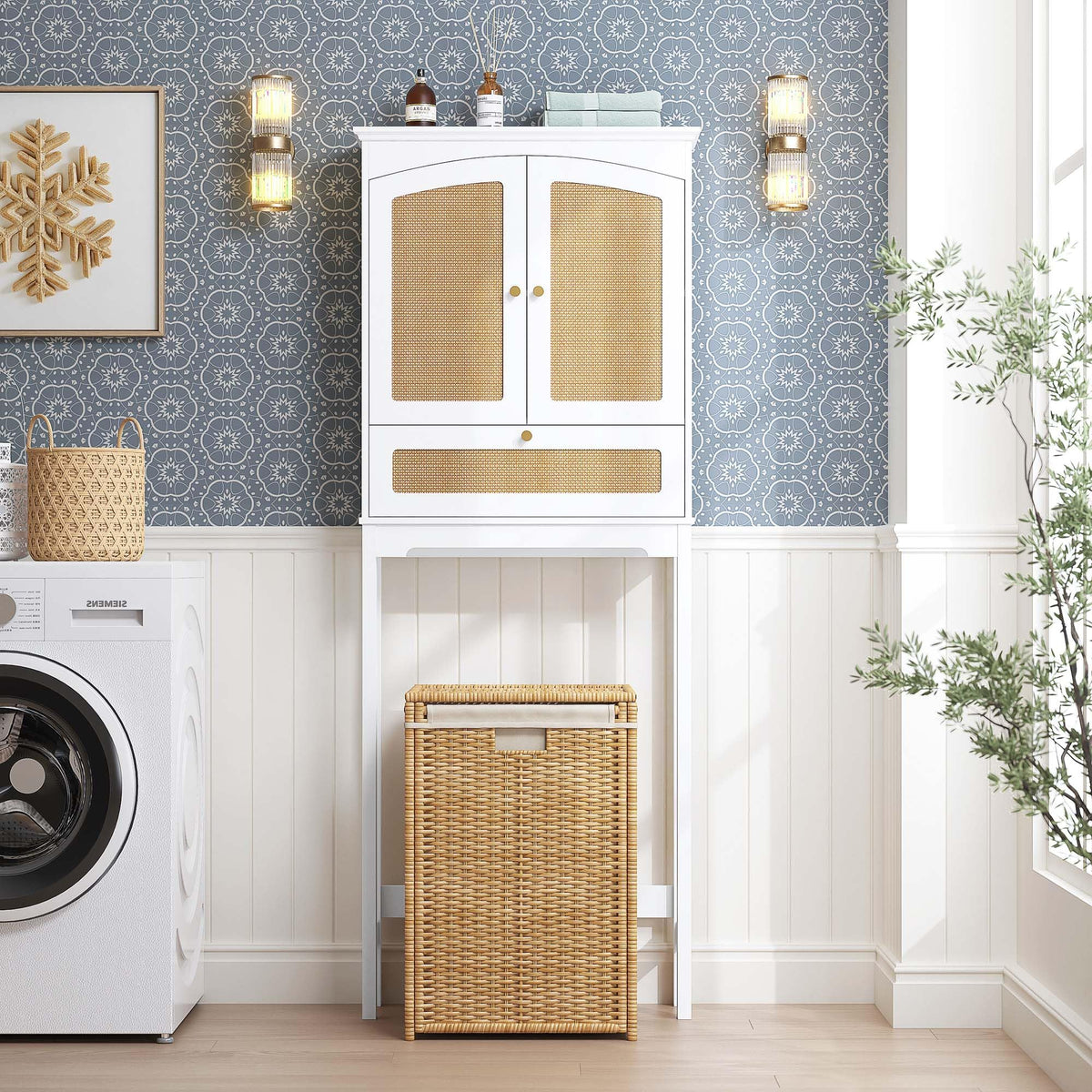 Over the Toilet Storage Cabinet with Arched Rattan Doors, White C88571