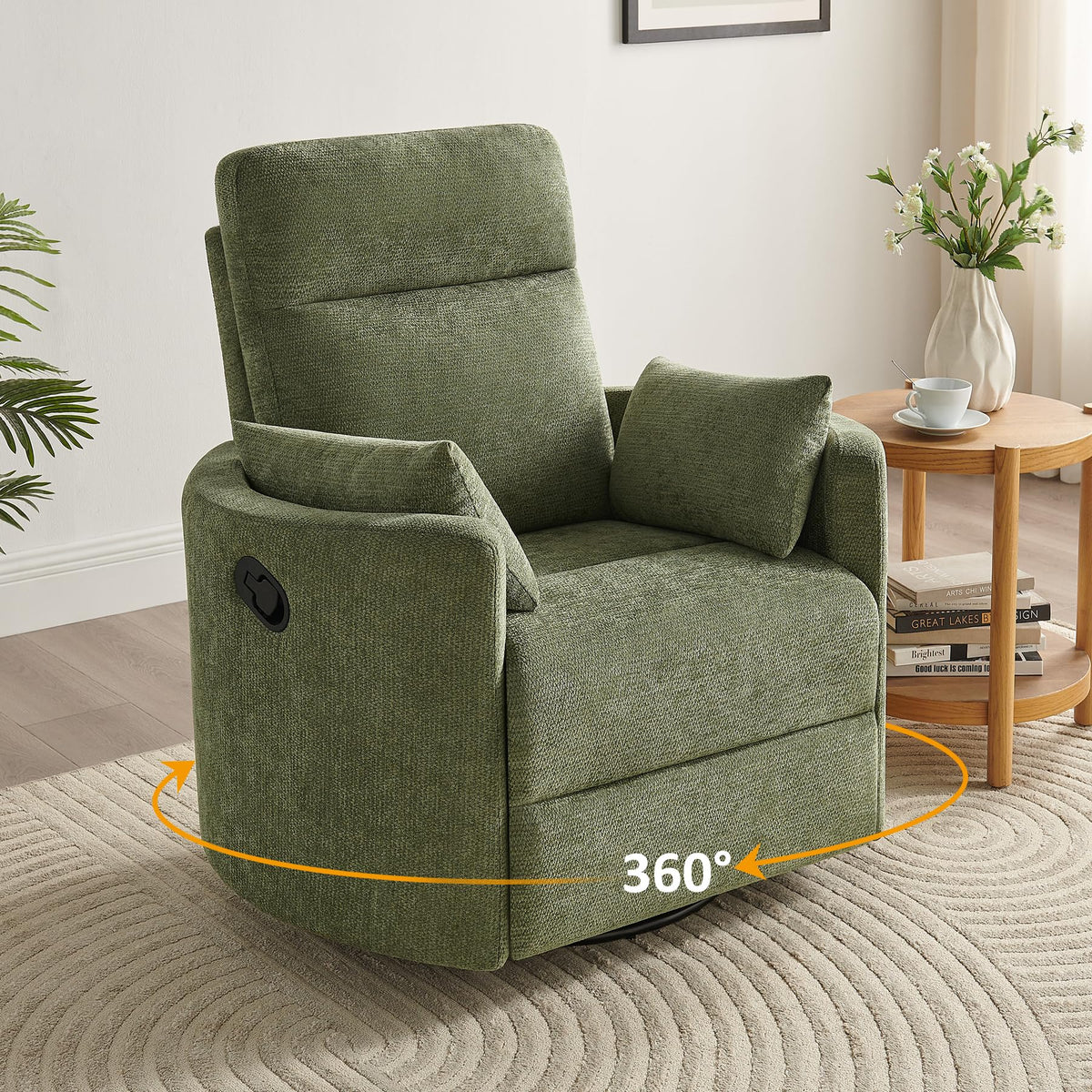 Oversized 360° Swivel Glider Recliner Chair with 2 Pillows and Footrest O1923
