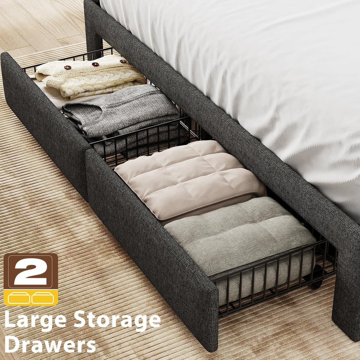 Queen Bed Frame with 2 Storage Drawers and Upholstered Headboard L91099