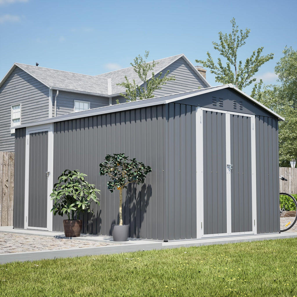 12x8 FT Galvanized Steel Storage Shed with Lockable Doors U17368